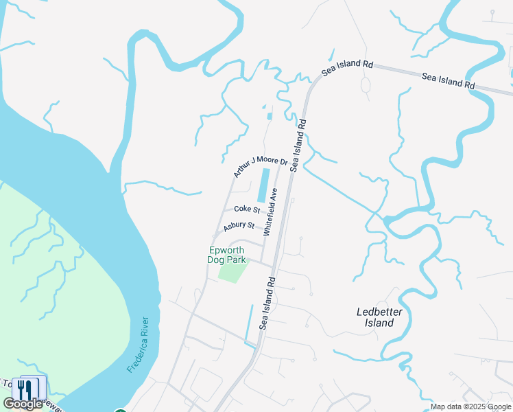 map of restaurants, bars, coffee shops, grocery stores, and more near 111 Coke Street in St. Simons Island