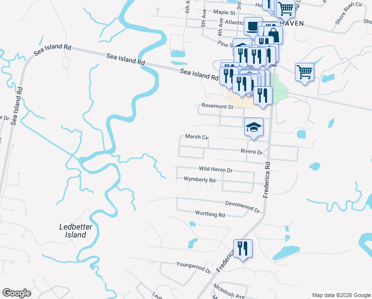 map of restaurants, bars, coffee shops, grocery stores, and more near 528 Marsh Circle in St. Simons Island