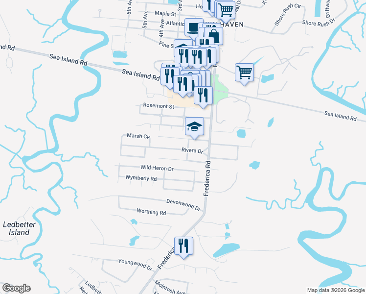 map of restaurants, bars, coffee shops, grocery stores, and more near 197 Rivera Drive in St. Simons Island