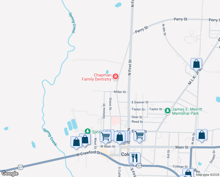 map of restaurants, bars, coffee shops, grocery stores, and more near 203 Miller Street in Colquitt