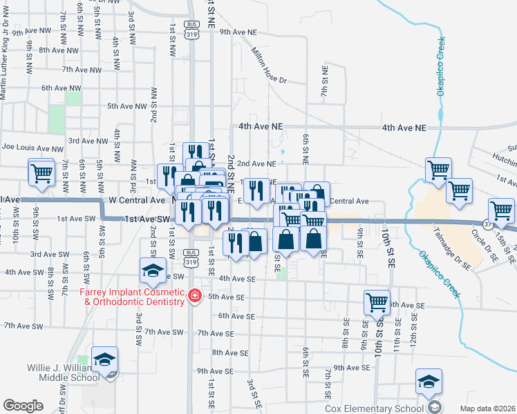 map of restaurants, bars, coffee shops, grocery stores, and more near 403 1st Avenue Southeast in Moultrie