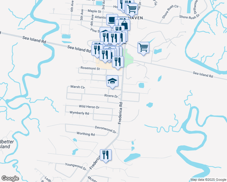 map of restaurants, bars, coffee shops, grocery stores, and more near 111 Menendez Avenue in Saint Simons Island