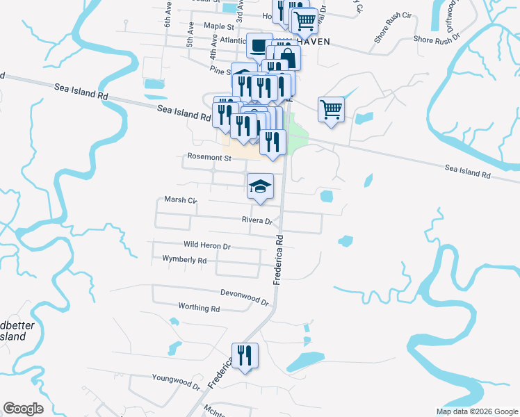 map of restaurants, bars, coffee shops, grocery stores, and more near 111 Menendez Avenue in Saint Simons Island