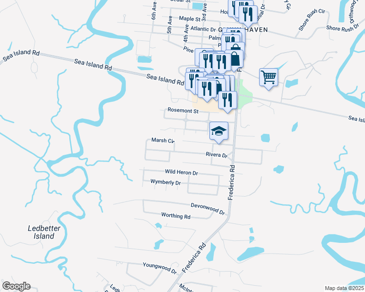 map of restaurants, bars, coffee shops, grocery stores, and more near 103 Vann Lane in St. Simons Island