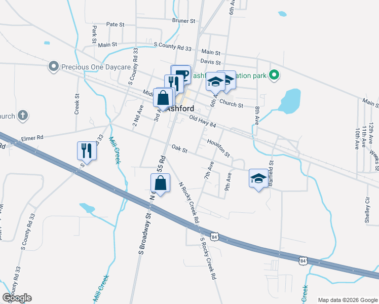 map of restaurants, bars, coffee shops, grocery stores, and more near 203 6th Avenue in Ashford