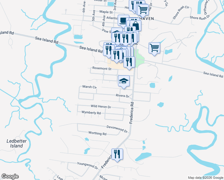 map of restaurants, bars, coffee shops, grocery stores, and more near 102 Marie Lane in St. Simons Island