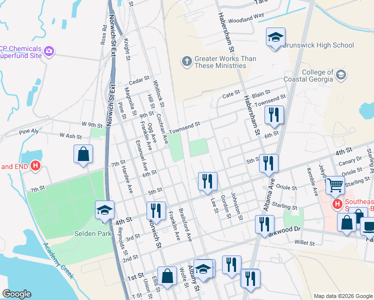 map of restaurants, bars, coffee shops, grocery stores, and more near 3741 Wylly Avenue in Brunswick