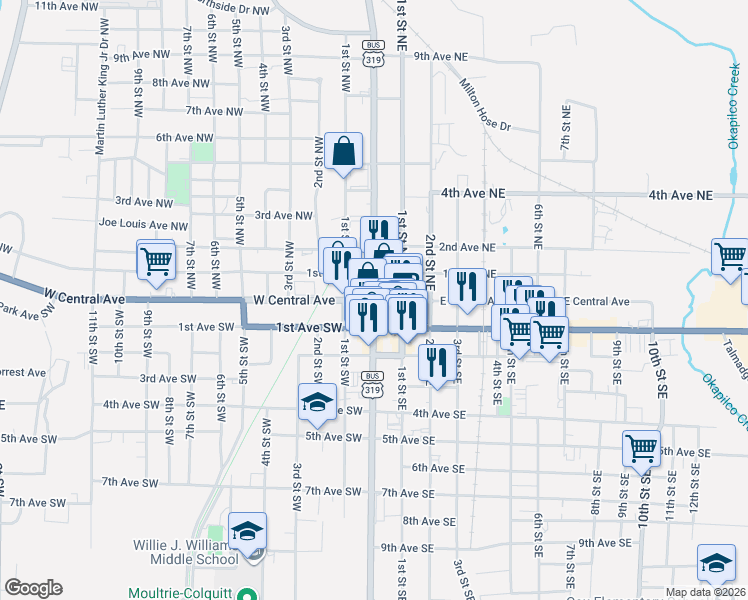 map of restaurants, bars, coffee shops, grocery stores, and more near in Moultrie