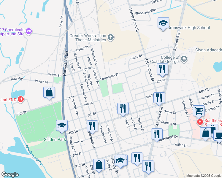 map of restaurants, bars, coffee shops, grocery stores, and more near 3741 Wylly Avenue in Brunswick