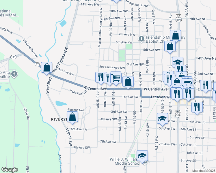 map of restaurants, bars, coffee shops, grocery stores, and more near 924 West Central Avenue in Moultrie