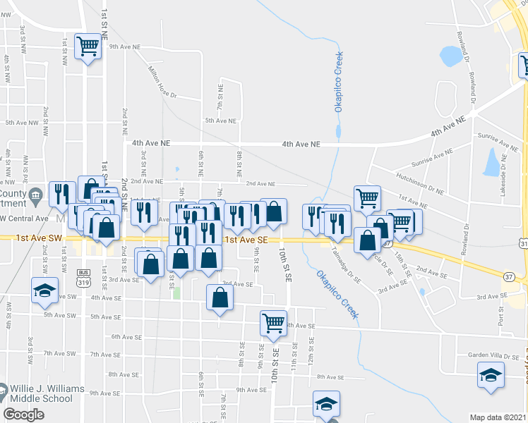 map of restaurants, bars, coffee shops, grocery stores, and more near 841 East Central Avenue in Moultrie