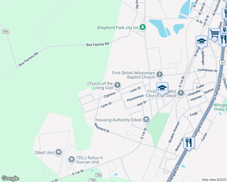 map of restaurants, bars, coffee shops, grocery stores, and more near 1008 Cypress in Diboll