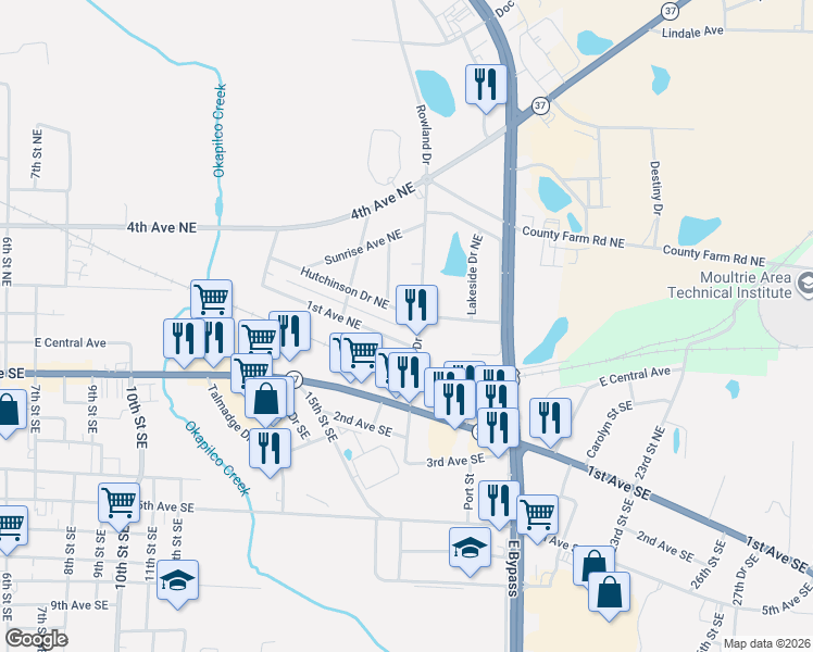 map of restaurants, bars, coffee shops, grocery stores, and more near 127 Rowland Drive in Moultrie