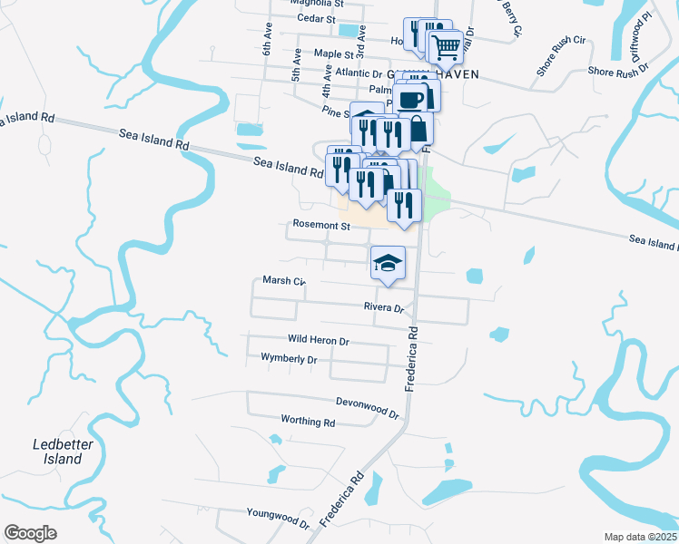 map of restaurants, bars, coffee shops, grocery stores, and more near 102 Marie Lane in St. Simons Island