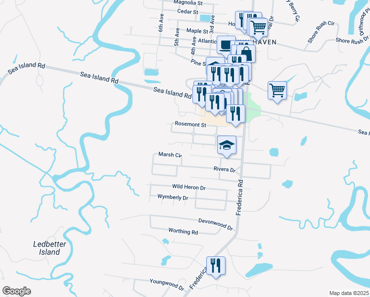 map of restaurants, bars, coffee shops, grocery stores, and more near 103 Vann Lane in St. Simons Island