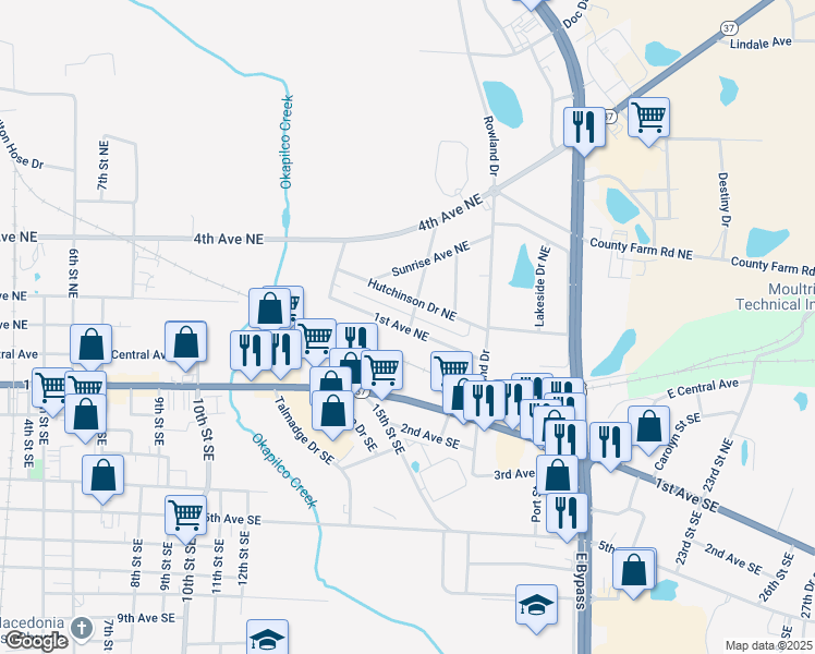 map of restaurants, bars, coffee shops, grocery stores, and more near 29 Lynn Street in Moultrie
