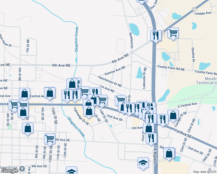 map of restaurants, bars, coffee shops, grocery stores, and more near 29 Lynn Street in Moultrie