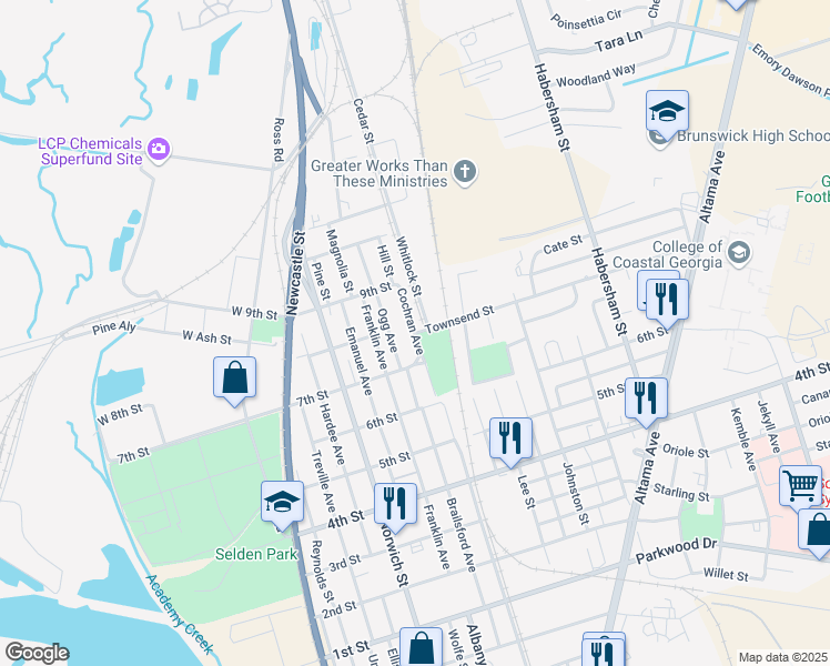 map of restaurants, bars, coffee shops, grocery stores, and more near Cochran Avenue in Brunswick