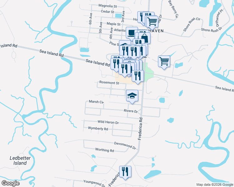 map of restaurants, bars, coffee shops, grocery stores, and more near 102 Marie Lane in St. Simons Island