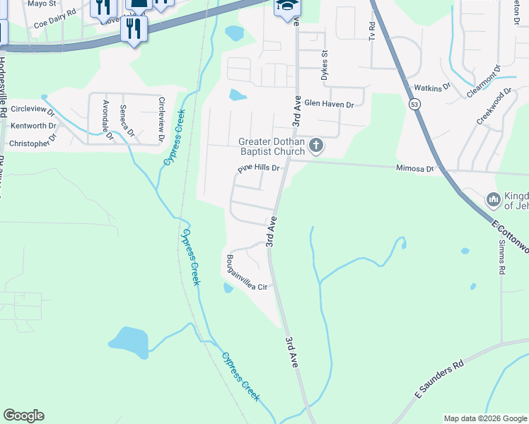 map of restaurants, bars, coffee shops, grocery stores, and more near 102 Sycamore Street in Dothan