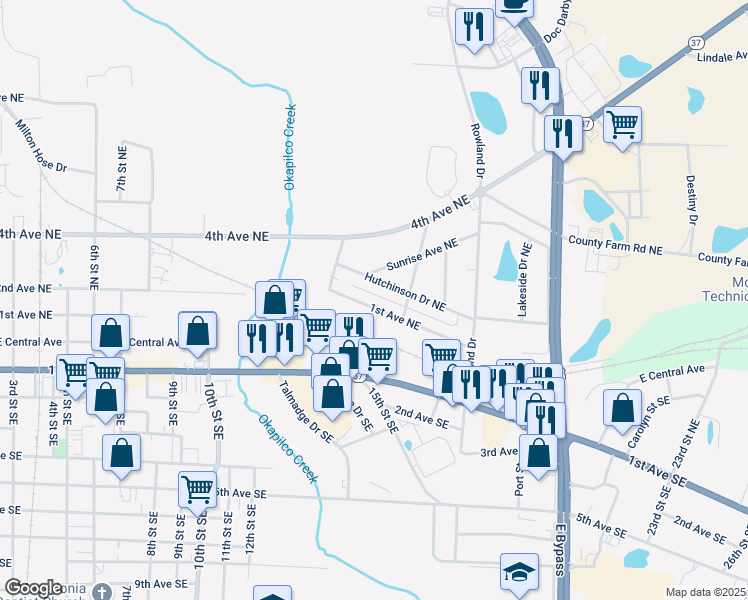 map of restaurants, bars, coffee shops, grocery stores, and more near 1312 Hutchinson Drive Northeast in Moultrie