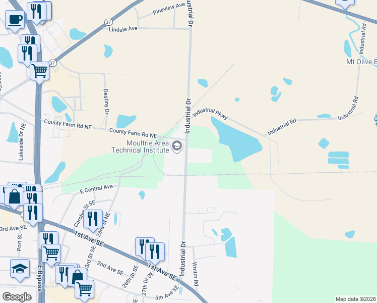 map of restaurants, bars, coffee shops, grocery stores, and more near 348 Industrial Drive in Moultrie