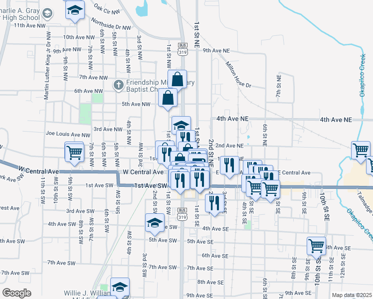 map of restaurants, bars, coffee shops, grocery stores, and more near 118 North Main Street in Moultrie
