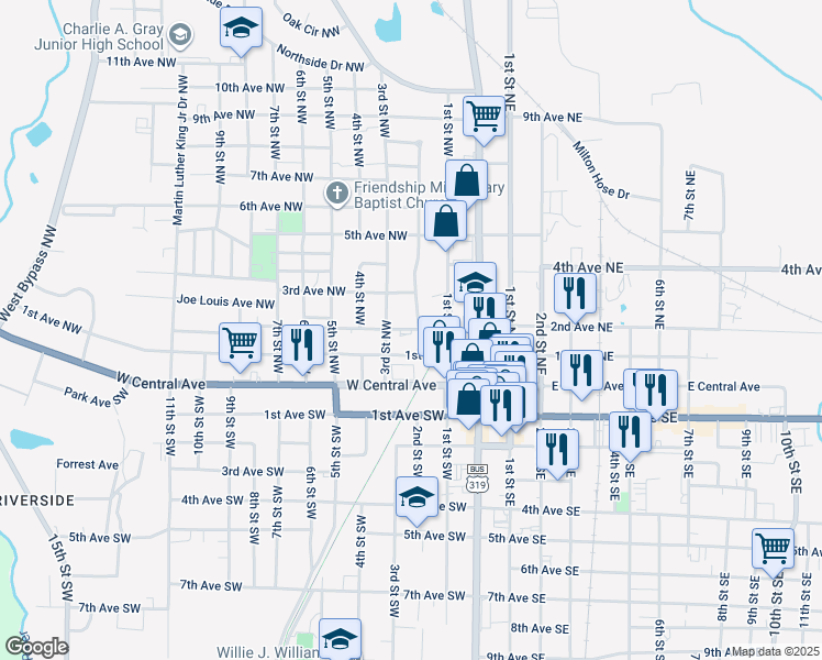 map of restaurants, bars, coffee shops, grocery stores, and more near 200 2nd Avenue Northeast in Moultrie
