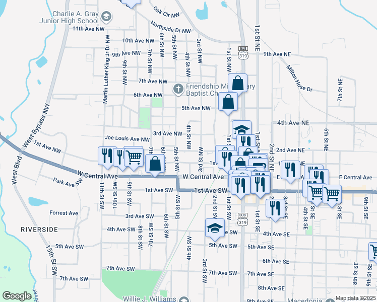 map of restaurants, bars, coffee shops, grocery stores, and more near 400 2nd Avenue Northwest in Moultrie