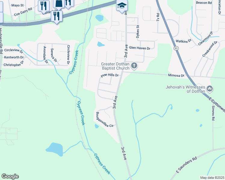 map of restaurants, bars, coffee shops, grocery stores, and more near 102 Sycamore Street in Dothan