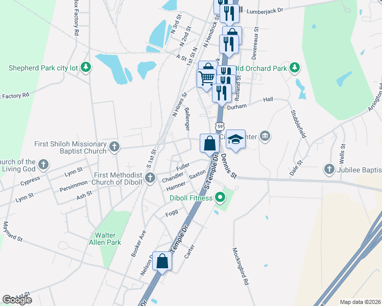 map of restaurants, bars, coffee shops, grocery stores, and more near 201 Ashworth Street in Diboll