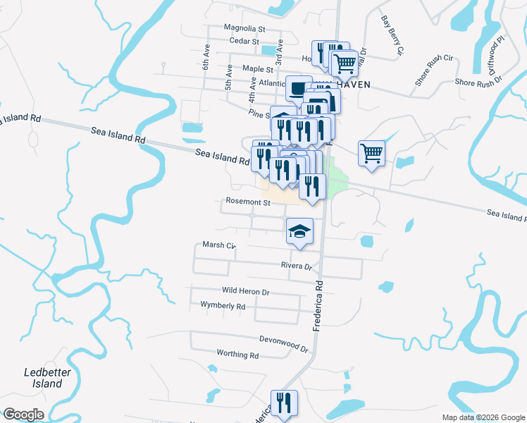 map of restaurants, bars, coffee shops, grocery stores, and more near 130 Harrison Pointe Drive in St. Simons Island
