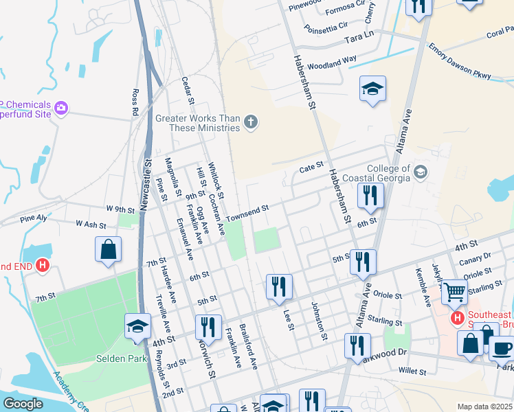 map of restaurants, bars, coffee shops, grocery stores, and more near 1801 Townsend Street in Brunswick