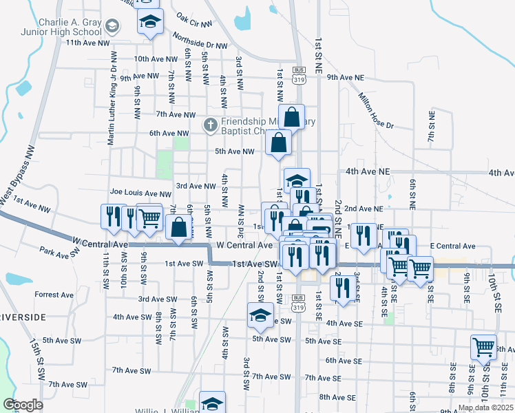 map of restaurants, bars, coffee shops, grocery stores, and more near 200 2nd Avenue Northeast in Moultrie