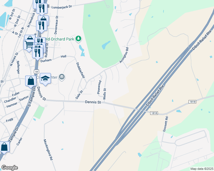 map of restaurants, bars, coffee shops, grocery stores, and more near 813 Wells in Diboll