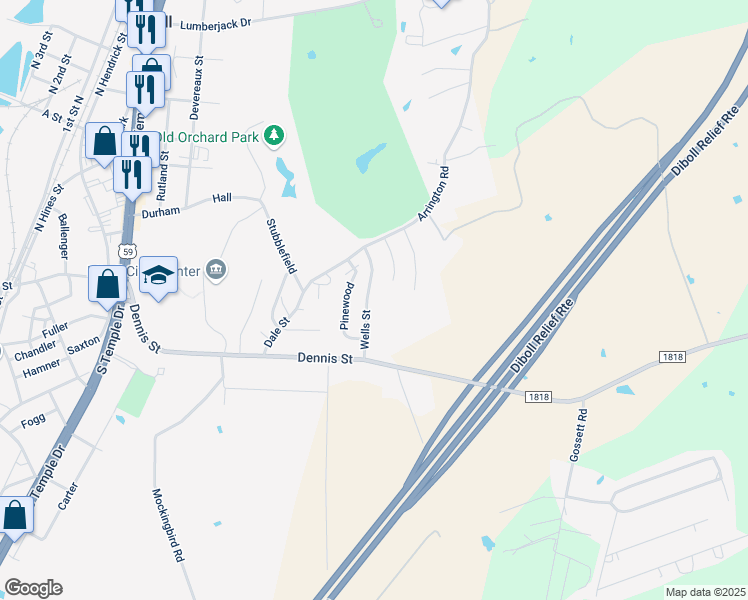 map of restaurants, bars, coffee shops, grocery stores, and more near 813 Wells in Diboll