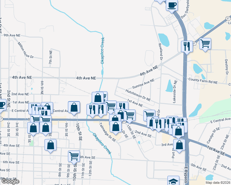 map of restaurants, bars, coffee shops, grocery stores, and more near 1300-1304 1st Avenue Northeast in Moultrie