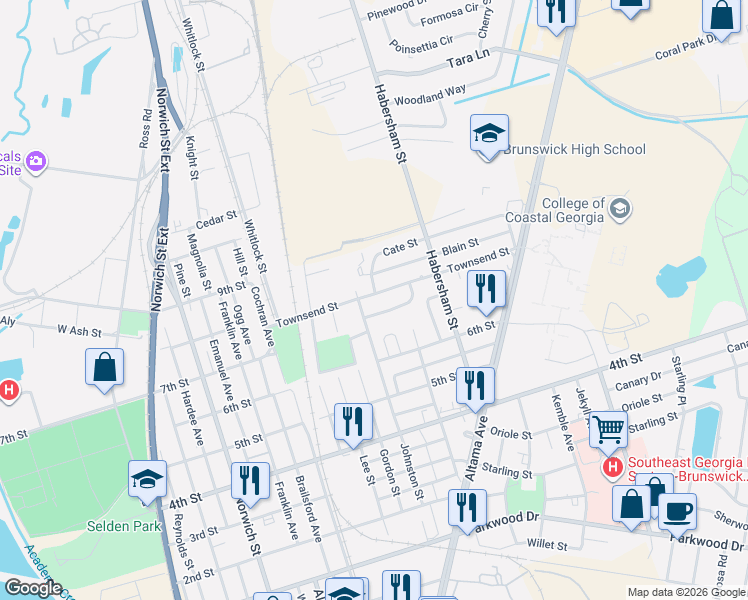map of restaurants, bars, coffee shops, grocery stores, and more near 1900 Townsend Street in Brunswick