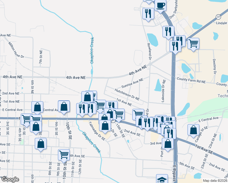 map of restaurants, bars, coffee shops, grocery stores, and more near 1312 Hutchinson Drive Northeast in Moultrie
