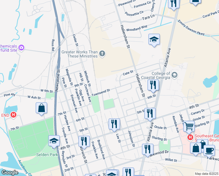 map of restaurants, bars, coffee shops, grocery stores, and more near 1801 Townsend Street in Brunswick