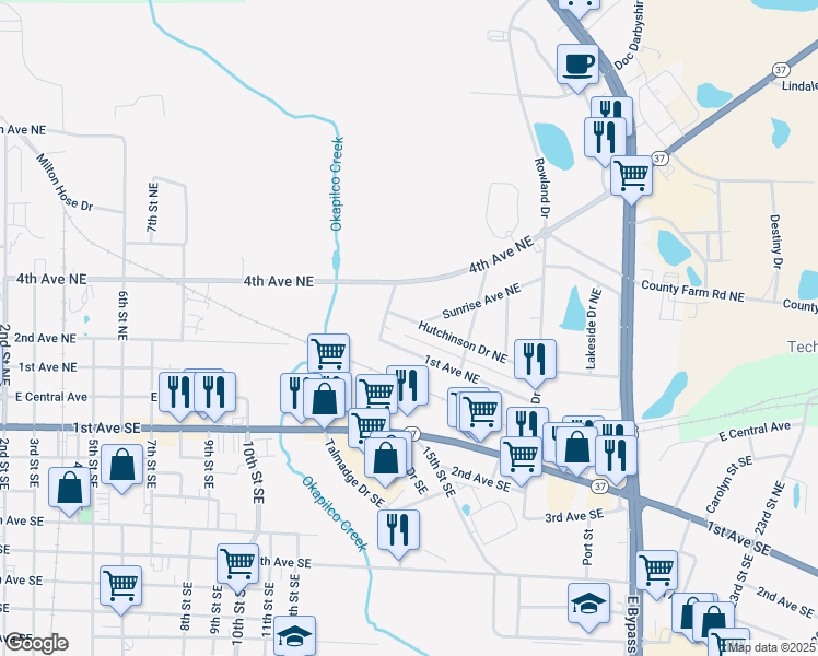 map of restaurants, bars, coffee shops, grocery stores, and more near 1312 Hutchinson Drive Northeast in Moultrie