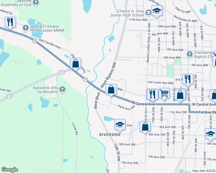 map of restaurants, bars, coffee shops, grocery stores, and more near 1323 1st Avenue Northwest in Moultrie