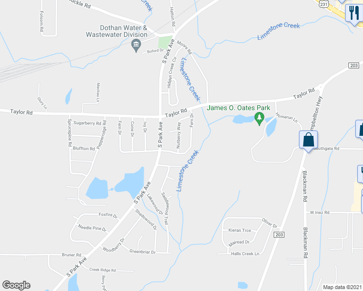map of restaurants, bars, coffee shops, grocery stores, and more near 102 Nutberry Way in Dothan