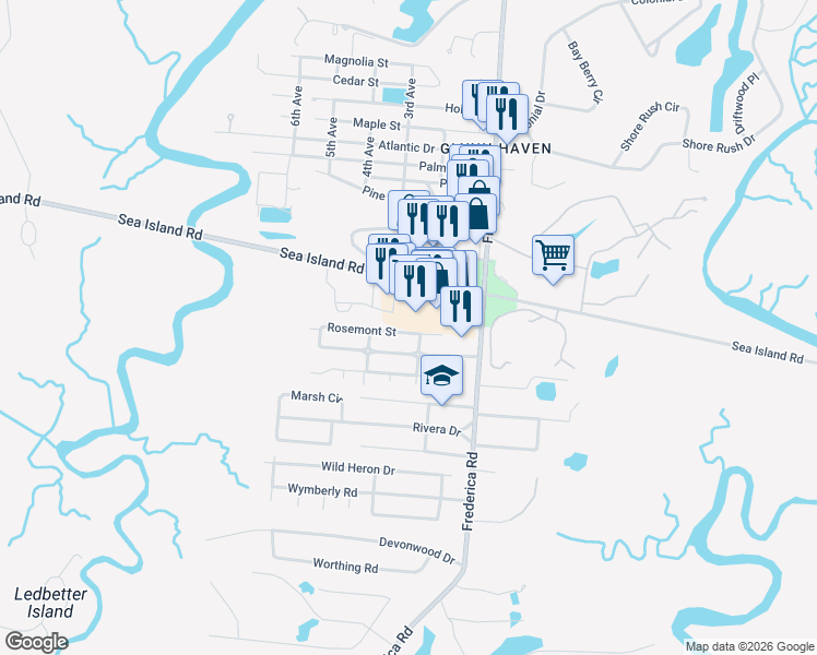 map of restaurants, bars, coffee shops, grocery stores, and more near 4380 Bancroft VL in St. Simons Island