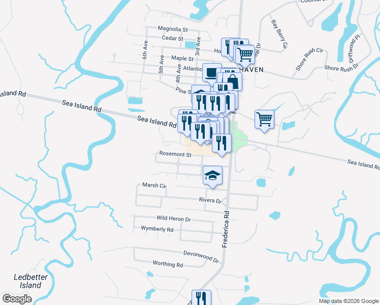 map of restaurants, bars, coffee shops, grocery stores, and more near 130 Harrison Pointe Drive in St. Simons Island