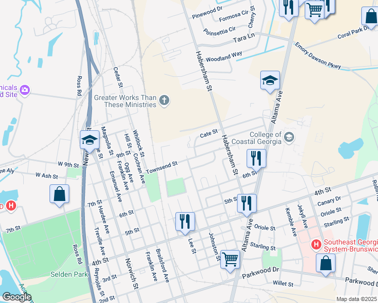 map of restaurants, bars, coffee shops, grocery stores, and more near 2050 Cate Street in Brunswick