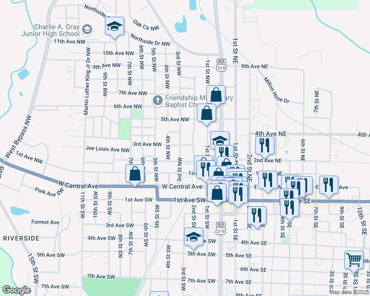 map of restaurants, bars, coffee shops, grocery stores, and more near 307 2nd Street Northwest in Moultrie