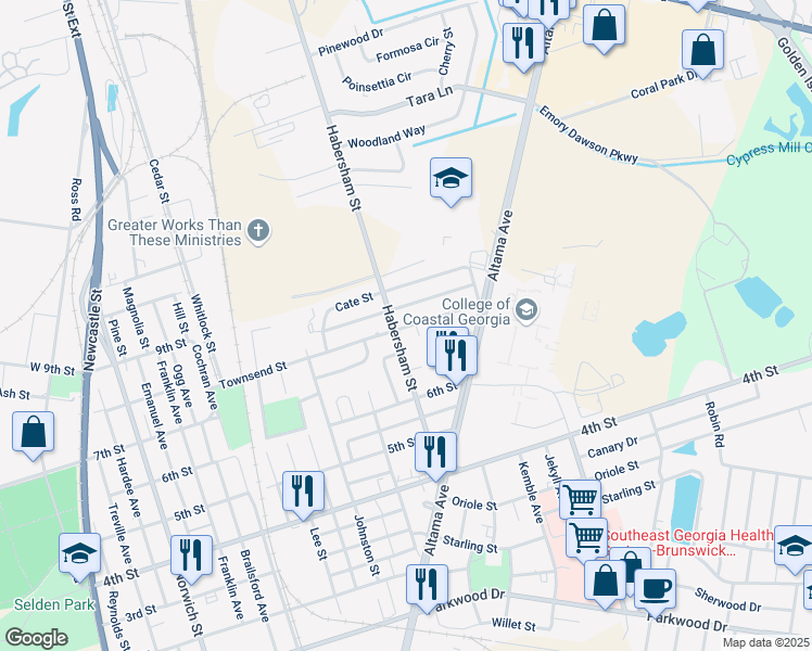 map of restaurants, bars, coffee shops, grocery stores, and more near 2341 Townsend Street in Brunswick