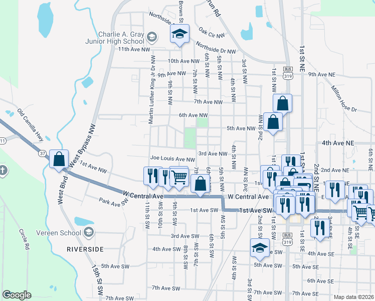 map of restaurants, bars, coffee shops, grocery stores, and more near 719 3rd Avenue Northwest in Moultrie