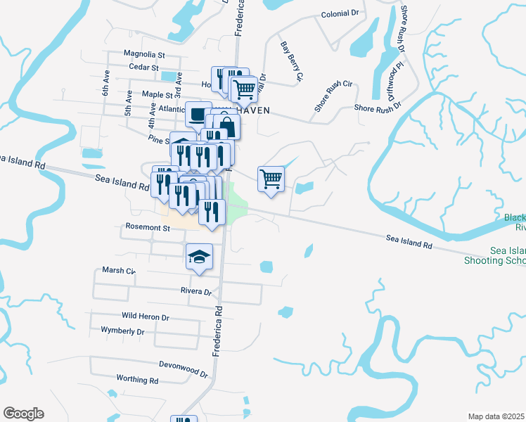 map of restaurants, bars, coffee shops, grocery stores, and more near 401 Sea Island Road in Saint Simons Island
